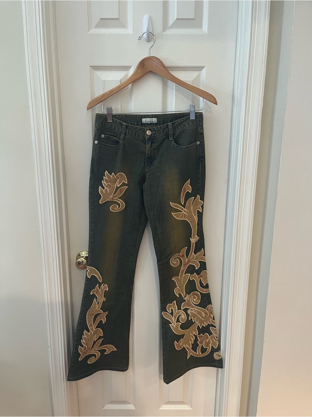 Embroidered Olive Flare Jeans with Tan Appliqué